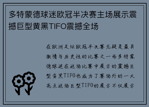 多特蒙德球迷欧冠半决赛主场展示震撼巨型黄黑TIFO震撼全场