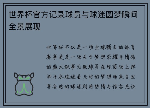 世界杯官方记录球员与球迷圆梦瞬间全景展现